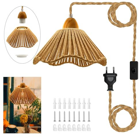 Retro Hölzerne Hängelampe mit Stecker, Industrielle Hanfseil Pendellampe Kit mit Schalter, E27 Fassung mit Kabel 16.7ft, Vintage Lampenschirm Hängelampe,für Wohnzimmer Balkon, Gang, Ohne Glühbirne