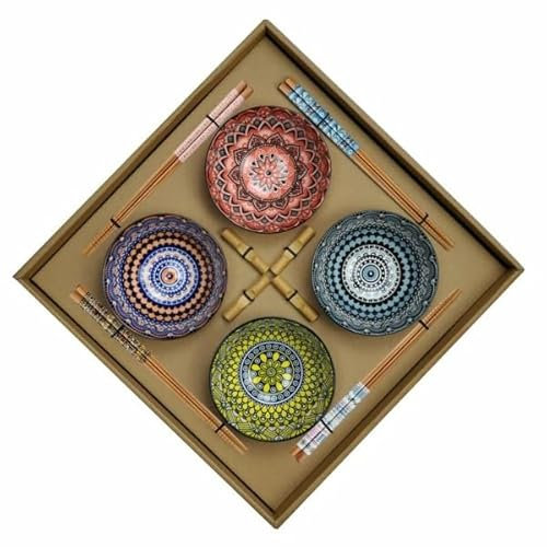 Vajilla Japonesa 12 Piezas ideal Sushi, Regalos originales, Cuencos, Palillos Chinos con Soporte, Hecho en Gres y Bambú, Cosas Chulas para Regalar