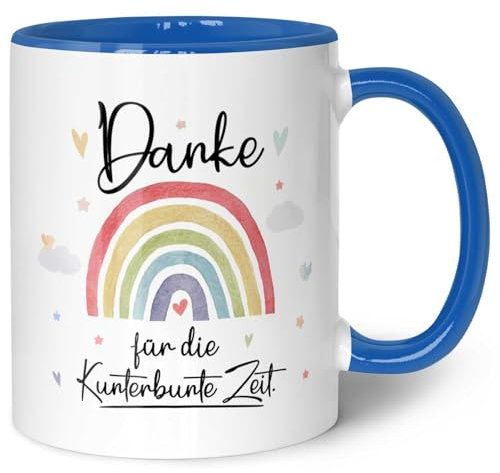 Bedruckte Tasse mit Spruch - Danke für die Kunterbunte Zeit - Geschenk für Erzieher Lehrer zum Kindergarten Abschied - Geschenk als Dankeschön - Farbe Regenbogen - Blau