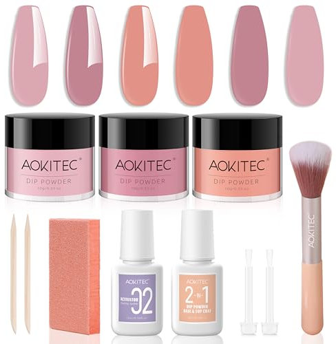 Aokitec 11 PCS Dip Powder Nail Kit - 3 Colours Nail Dipping Powder Kit with 2-in-1 Dip Base & Top Activator Nail Dust Brush Nail Powder Dip Kit Starter Set for French Nail Art, Light Pink Tawny Orange