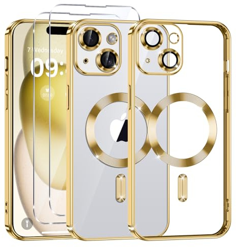 Phoona Klare Magnetisch Hülle für iPhone 15 6,1 Zoll, mit 2 Stück Gehärtete Glas Schutzfolie, Anti-Gelb, Stoßfest Kabellosem Laden, Anti Scratch, Gold
