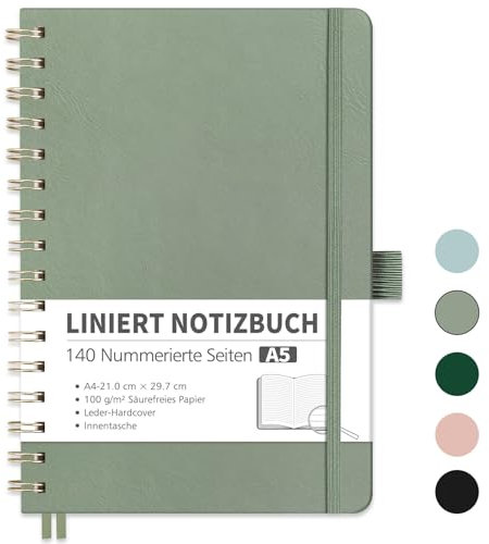 RETTACY Notizbuch A5 Liniert, Bullet Journal mit 100 g/m² Dickem Papier, 70 Blatt/140 Nummerierten Seiten, Collegeblock für Büro und Schule, Lederhülle, Hellgrün, 14.8 cm x 21 cm
