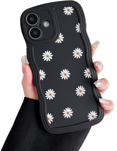 ZTOFERA Case for iPhone 16, Cute Curly Wave Frame Daisy Pattern Liquid Silicone Case, Flexible Shockproof Protective Bumper Cover for iPhone 16 6.1 - Black