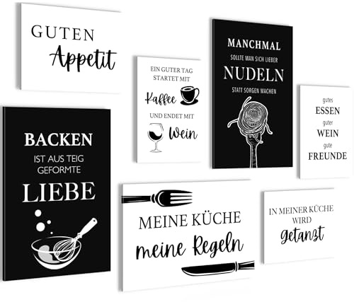 Novart Bilder Küche - KOMPLETT AUFHÄNGFERTIG - Schwarz Weiss Esszimmer Küchenbilder Set - 7 Moderne Mood-Bilder N030572a
