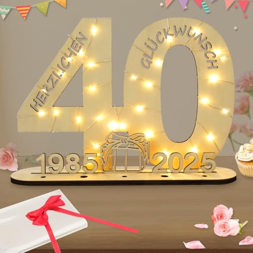 Seutgjie Deko 40 Geburtstag Frau Mann, Geldgeschenke Geburtstag 40 Originelle Holz Schild Gästebuch mit LED Lichterkette für Männer Frauen Rubinhochzeit Jubiläum Tischdeko 1985-2025