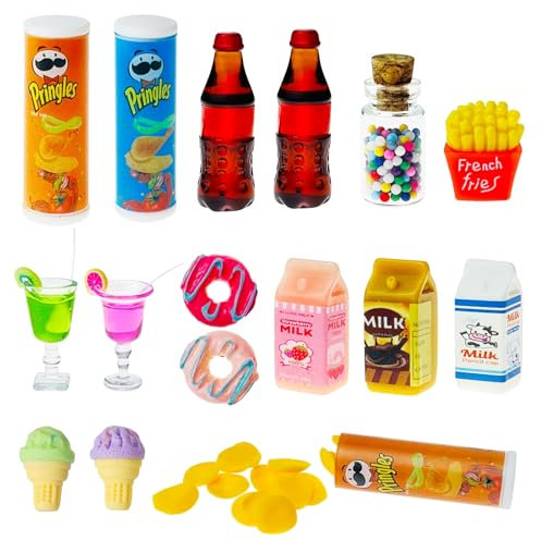 Miniatur Essen und Trinken,16 Stück Wichtel Zubehör Küche,Miniatur Puppenhaus Zubehör 1/12 Spielharz Miniatur Lebensmittel Set Miniatur Deko Süßigkeitenstände Weihnachten für Wichteltür