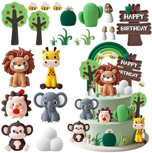 FEMBW Tortendeko Tiere Set, 22 Stück Dschungel Kuchendeko Wild One Geburtstag Deko Torte, Waldtiere Cake Topper Dschungel Themed Party Kuchen Dekoration für Kinder Junge Mädchen