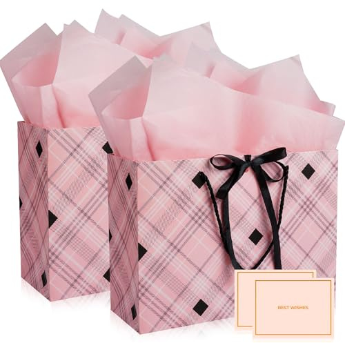 2 Stück Papier Geschenktüten mit 2 Taschentuch und 2 Karten, Geschenktüten mit Griffen für Frauen, Mädchen, Brautjungfern, Geburtstage, Valentinstag und Hochzeitsfeiern