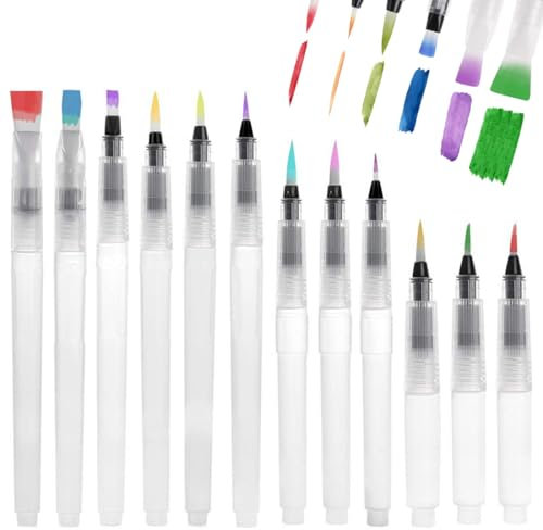 HABNI 12 Pièces Pinceau Aquarelle Reserve d'eau, Stylos Pinceau à Eau, Pointe Pointue et Pointe Plate pour Peinture Artistique, Stylo Brosse Aquarelle d'eau pour Calligraphie