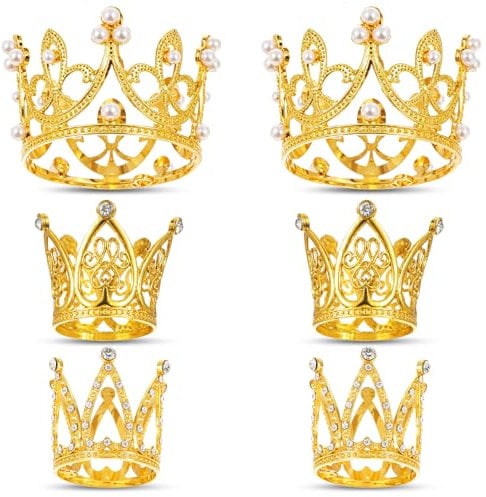 Tyqour 6 Pcs Gold Crown Cake Topper Princess Cupcake Toppers Mini Crown Flower Arrangements Bouquet for Wedding Graduation Mother's Day Birthday