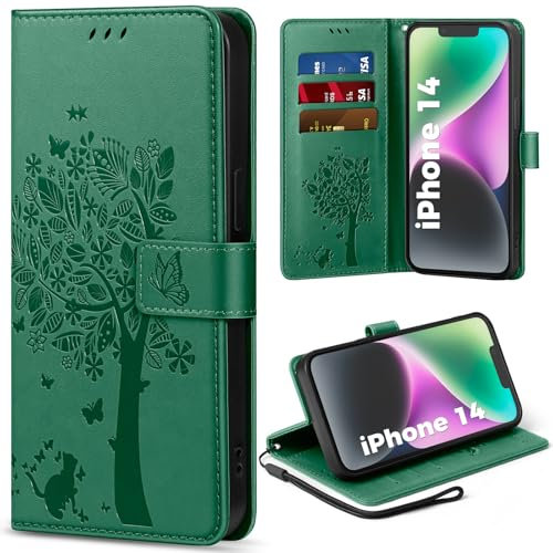 EASDNB Handyhülle für iPhone 14 Hülle, Lederhülle für iPhone 14 Wallet Flip Case mit [3 Kartenfächer] [Magnet] [Ständer] Premium Leder Prägung Schutzhülle Klapphülle für iPhone 14, Grün