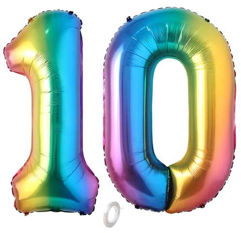 Balorise 40 Zoll Aluminium Luftballon Regenbogen Zahl 10, Helium Unterstützt, Ballon Nummer 0-9, 10-100 (101cm), große Folienballons Dekoration für Geburtstagsfeier, Hochzeit, Jubiläum