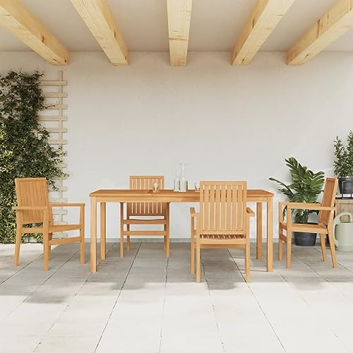 Qnhdfrt Garten Essgruppe aus Teakholz 180 x 90 cm mit 4 stapelbaren Stühlen Outdoor Sitzgruppe für Terrasse Garten und Balkon
