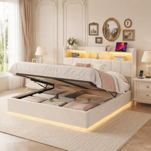 PerGar Polsterbett Doppelbett 140x200 mit Hydraulischem Stauraum, Bett mit LED Beleuchtung & Steckdosen, Bettgestell mit Lattenrost und Bettkasten, Stauraumbett,Samt, Ohne Matratze,Weiß