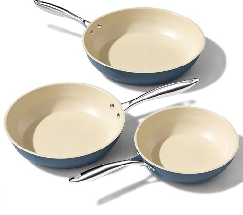 Uukrave Keramik Bratpfannen ohne Teflon, Pfannenset Induktion, Keramikpfanne ohne ptfe und pfoa 20/24/28 cm Ceramic Pfanne für Alle Herdarten Backofenfest, Spülmaschinenfest (Blau)