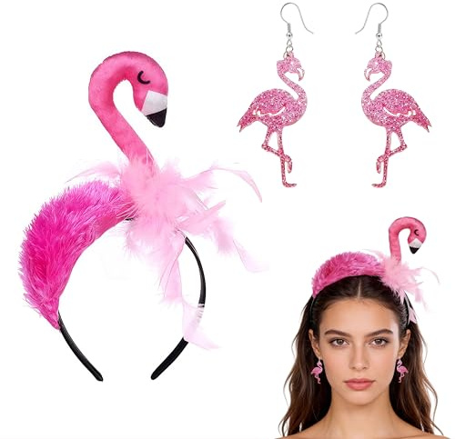 Zosutetoxo 1stück Flamingo Haarreif Set mit Ohrringen, Pink Feder Stirnband und Federn Ohrschmuck für Karneval Sommer Party Hawaii Fest