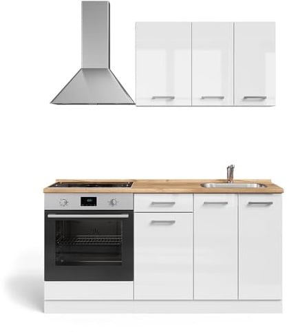 Vicco Singleküche R-Line, Weiß Hochglanz/Weiß, 160 cm | mit Herdumbauschrank und Spüle mit AP, zur Integration von Elektrogeräten und Spüle vorbereitet