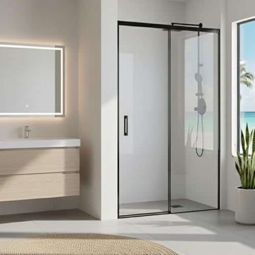 SOULHOME Paroi de Douche Réversible | 107-110x200h cm | Profil SLIM Noir Mat | Porte Coulissante Amortie + Fixe | Verre 6mm Antical
