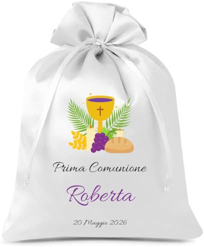 Cormar Sacchetti Bomboniere Cresima Personalizzati – Set 12 Pezzi, 9x12 cm, Colore Bianco con Ricamo Elegante (CALICE ORO E VIOLA)
