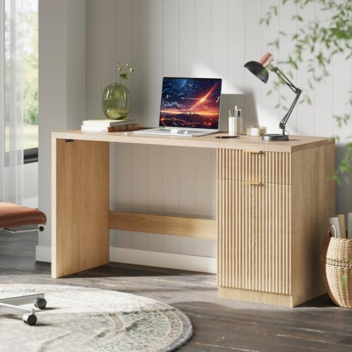 Crevyteg Fluted Executive Desk with Drawers, 60 Modern Home Office Desk with Storage Cabinet, Wood Fluted Computer Desks Workstation for Working, Studying, Writing, Natural Oak