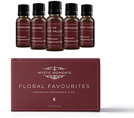 Mystic Moments | Floral Favourite Fragrance Oil Gift Starter Pack 5x10ml | Frangipani, Jasmine, Lily of The Valley, Patchouli, Rose Garden | Perfect as a Gift