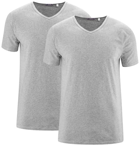 Living Crafts - Dean | T-Shirt, 2er-Pack - Bio-Baumwolle, Single Jersey, V-Ausschnitt, Einsatz als Unterhemd, Doppelnahtsaum (, Grey Melange)