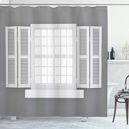 ABAKUHAUS Antiquität Duschvorhang, Holzfenster Shutter, Stoffliches Gewebe Badezimmerdekorationsset mit Haken, 175 x 220 cm, Grau weiß