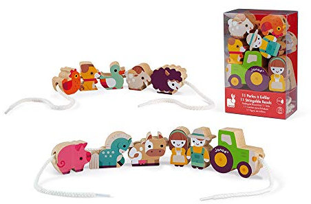 Janod - Set of 11 Solid Wood Bead Figurines - Double Sided - Farm Theme - From 2 years, J05315