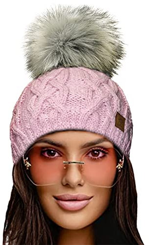 4sold Herren Damen Wurm Winter Style Beanie Handmade Strickmütze Mütze mit Fellbommel Bommelmütze Hat Gestrickte Pudelmütze Plain Ski Pom Wooly with Full Cosy Fleece-Futter (Debora PINK)