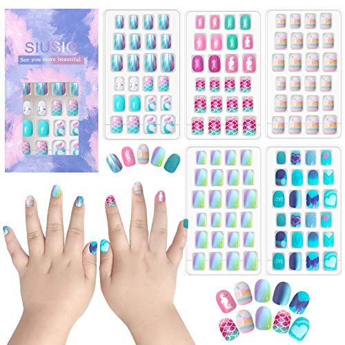 SIUSIO 120Pcs 5 Pack Kinder Acryl gefälschte Nägel Presse auf Pre-glue Full Cover Glitter Gradient Farbe kurze falsche Nagel Kunst Kits Sets großes Geschenk für Kinder kleine Mädchen - Mermaid Beach