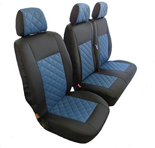TEXMAR Passend für Ford Transit MK7 2006–2012 Rechts- und Linkshänder, blaues ECO-Leder-Sitzbezüge, 2 + 1 (1 Einzelbett, 1 Doppel).