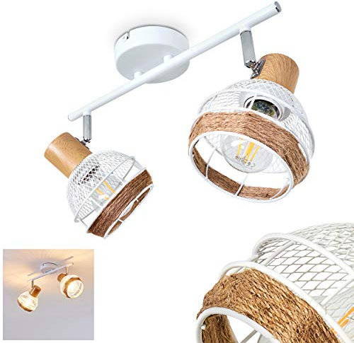 Deckenleuchte Bariloche, verstellbare Deckenlampe aus Metall/Holz/Hanfseil in Weiß/Chrom/Natur, 2-flammig, Lampenschirme dreh- u. schwenkbar, 2 x E27-Fassung, Gitter-Optik, ohne Leuchtmittel