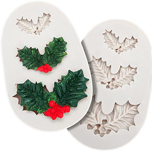 2 Pieces Holly Leaf Mold, Christmas Holly Silicone Mold, Cake Fondant Mold, Polymer Clay Mould for Cake Cupcake Decorating, Chocolate Craft, Gum Paste Making