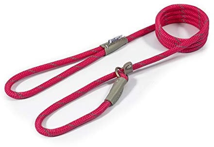 Ancol Viva Reflective Rope and Leather Slip Dog Lead - Pink - Lightweight Weatherproof Durable Puppy Training Accessory - 1.5m x 8mm
