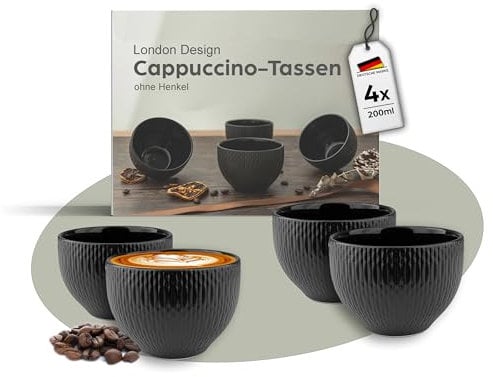 MELOX - 4er Set Cappuccino-Tassen Porzellan in Schwarz - 4 x 200ml Tassen für Kaffee Cappuccino & Macchiato - Kaffee-Becher dickwandig ohne Henkel - Kaffeetassen Coffee Cups modernen Design