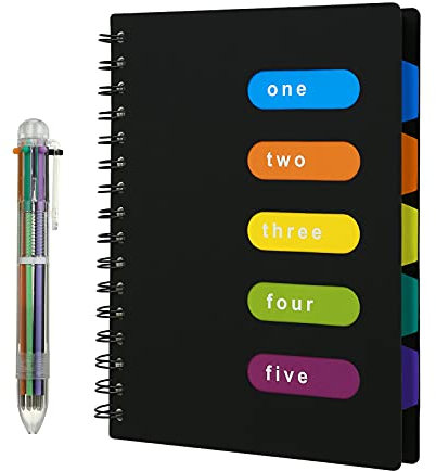 Kesote Carnet ligné avec stylo multicolore, 240 pages A5 Journal avec 5 onglets de couleur et 6-en-1 stylo à bille rétractable (Noir)
