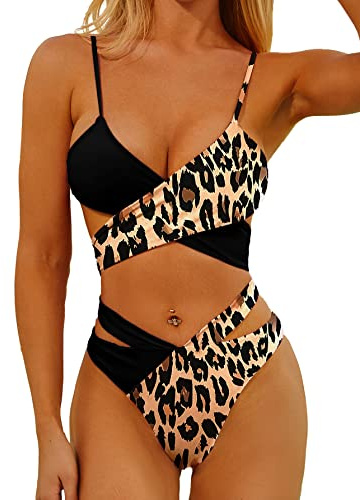 Tofern Maillot de Bain Femme 2 Pieces Chic Croisé Bandage Sexy Bikini Curvy Push Up de Plage, Women Swimming Suit