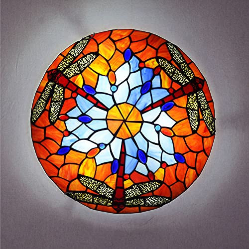 LED Schlafzimmer Deckenleuchte Orange Tiffany Vintage Wohnzimmer Deckenlampe Retro E27 Küchenlampe Bar Flur Badezimmer Esszimmer Studie Deckenbeleuchtung Farbe Glas Lampenschirm Libelle Design (40CM)