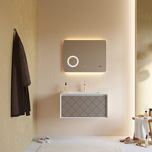 KIAMAMI VALENTINA BADEZIMMERSCHRANK 80CM GRAU ESCHE UND Touch LED Spiegel 80X60 | Miami