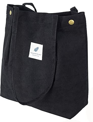 Lziizl Corduroy Tote Bag Women Canvas Shoulder Handbags Casual Big Capacity Shopping School Bag for Girls Ladies Black