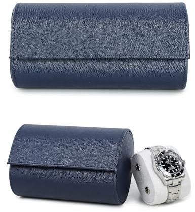 Hiram Estuche de Reloj de Cuero para 2 Relojes Estuche de Transporte de Reloj de Viaje de Cuero Saffiano Genuino (azul)