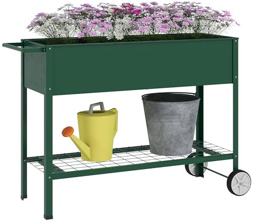 Outsunny Mesa de Cultivo 109x44x80 cm Huerto Urbano Elevado con 2 Ruedas Estante y Asa para Cultivo Plantas Flores Verduras Verde