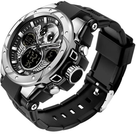 findtime Herren Uhren Digital Militär Sport Outdoor Totenkopf-Motiv Schädel Wasserdicht Timer Chronograph Countdown Tactical Watch Analog Armbanduhr Männer Jungen LED Kalender 12/24H Stoppuhr Wecker