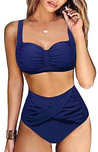 Vancavoo Bikini Damen Set High Waist Zweiteiliger Badeanzug Push Up Rüschen Einstellbar Bikinioberteil Bikini-Sets Bademode Curvy Swimsuit Beachwear,Navy,M
