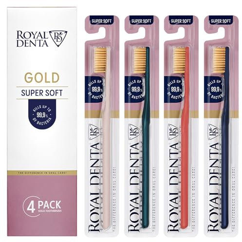 Royal Denta Gold Super Soft Zahnbürste 4 Stück, Extra Weiche für empfindliche Zähne und Zahnfleisch, Doppellänge Borsten für die Interdentalreinigung