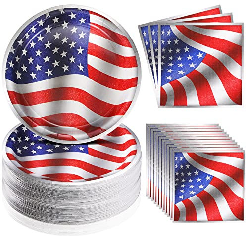 Mumufy 100 Pcs Patriotic Party Supplies Disposable American Flag Paper Plates and Napkins Red White and Blue Paper Plates for 4th of July Memorial Day Patriotic Day Decorations, Serve 50 (Vivid)