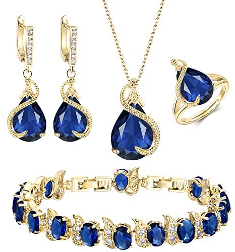 EVER FAITH 4 Stück Tropfen Cubic Zirconia Schmuck Set Glamour Anhänger Halskette Ohrringe Tennis Armband und Offener Ring für Damen Hochzeit Party Saphirblau Gold-Ton