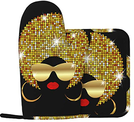 Ensemble de Gants de Four et de maniques pour Femme Africaine Mignonne pour la Cuisine, la Cuisson et Le Four à Micro-Ondes, Gants Anti-Chaud en Silicone + Coussinet Anti-Chaud (Gant de Main gau