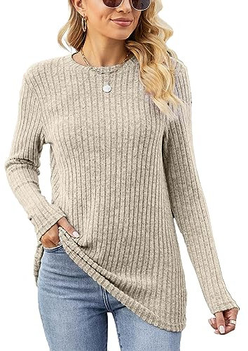 Famulily Long Sleeve Tops Ladies Lightweight Knitted Jumpers, Oversized Round Neck Plain Casual Sweatshirts (S, Khaki)