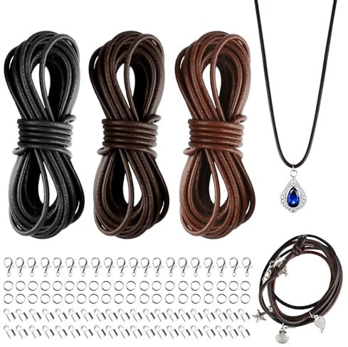 ZEFAN Lederband, 3 Rollen 5m x 3mm Abgerundete Lederband Kette, Glänzende Lederschnur mit 20 Karabinerverschlüssen, 40 Kabelend und 40 Sprungringen, Ideal für DIY Armbänder, Halsketten